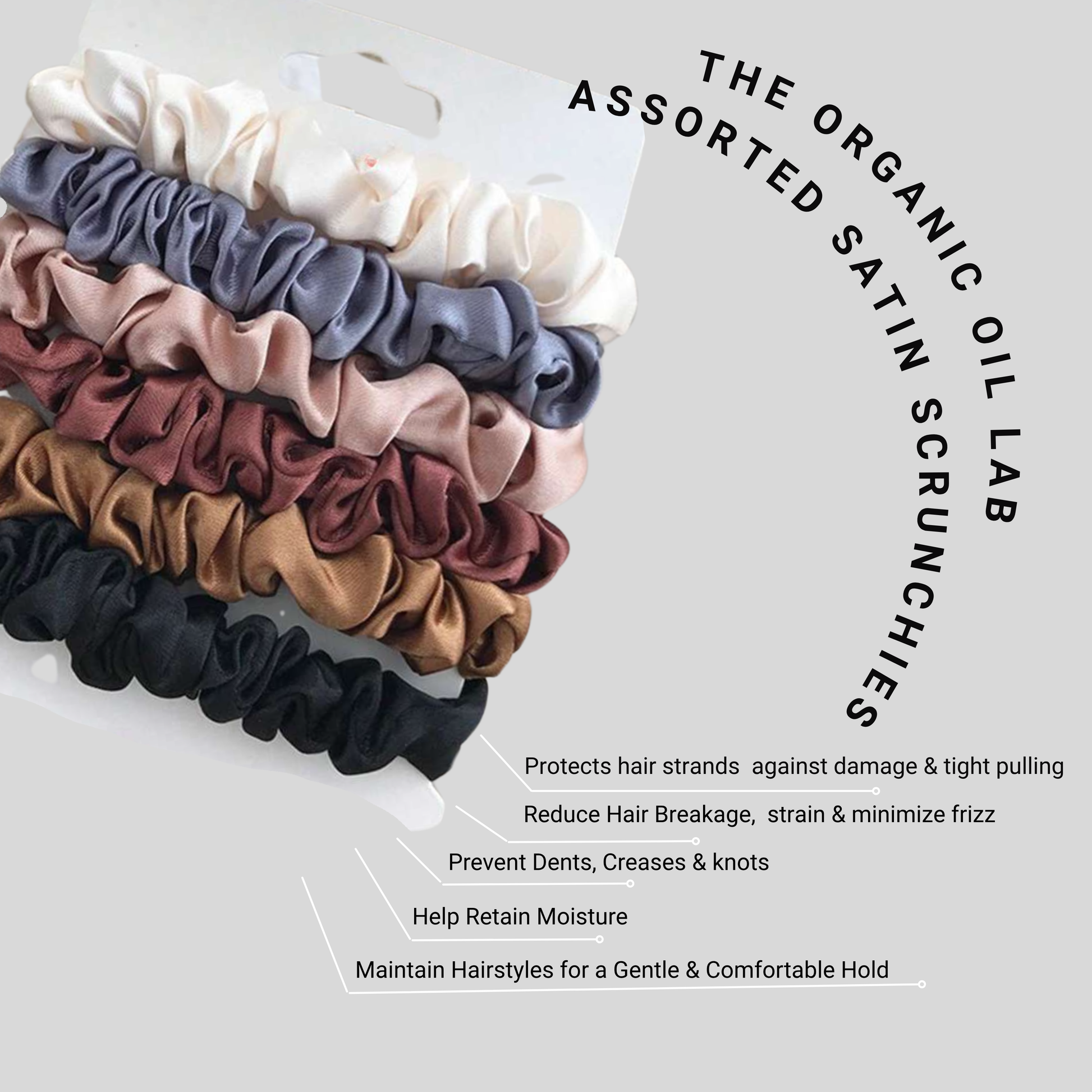 Assorted satin oil scrunchies on a white background with text about their benefits.